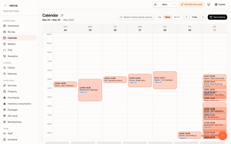 Nerva's week calendar with a staff-column grid