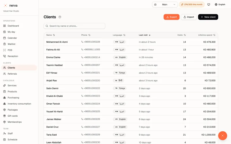 A client profile in Nerva with visit history