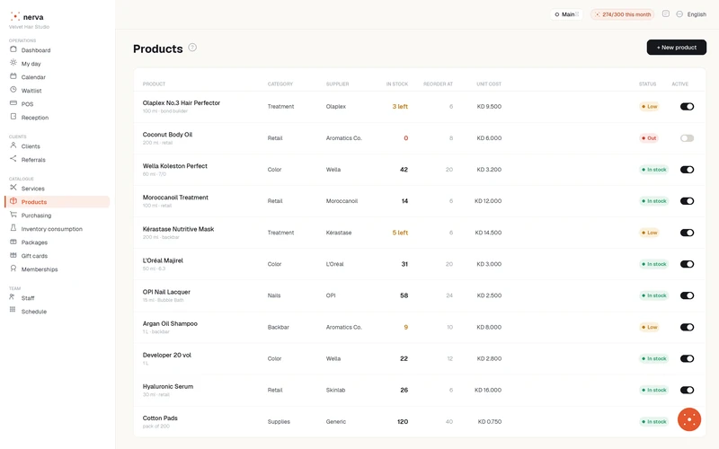 Nerva's Stock list — products tracked in real units, with low and out-of-stock badges