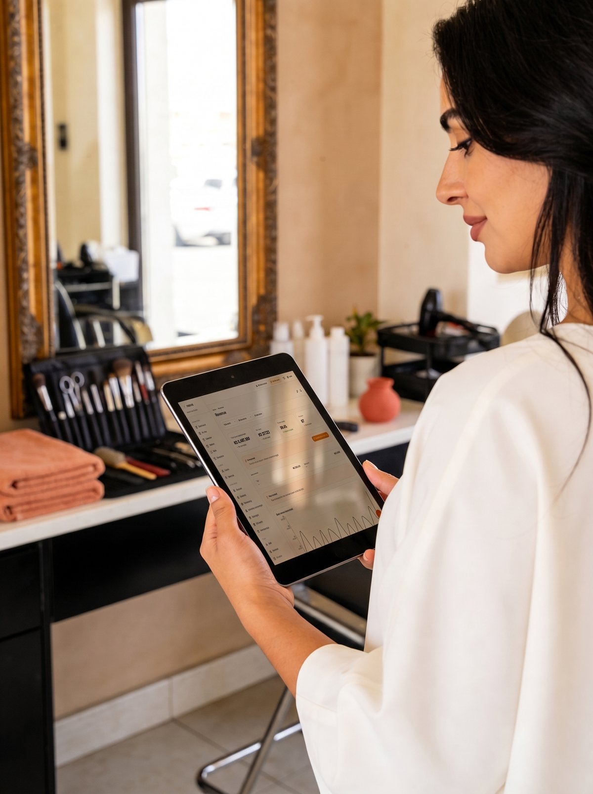 Nerva's revenue report on a tablet at a salon front desk